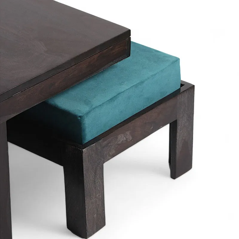Evrino Sheesham Wooden Center Table with Stools and Cushions (Deep Brown,Blue) - Nine Piece Set media 8