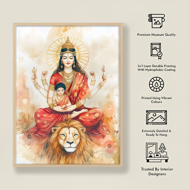 Simhavahini Durga Spiritual Archival Paper Wall Painting - Natural Brown Frame media 8