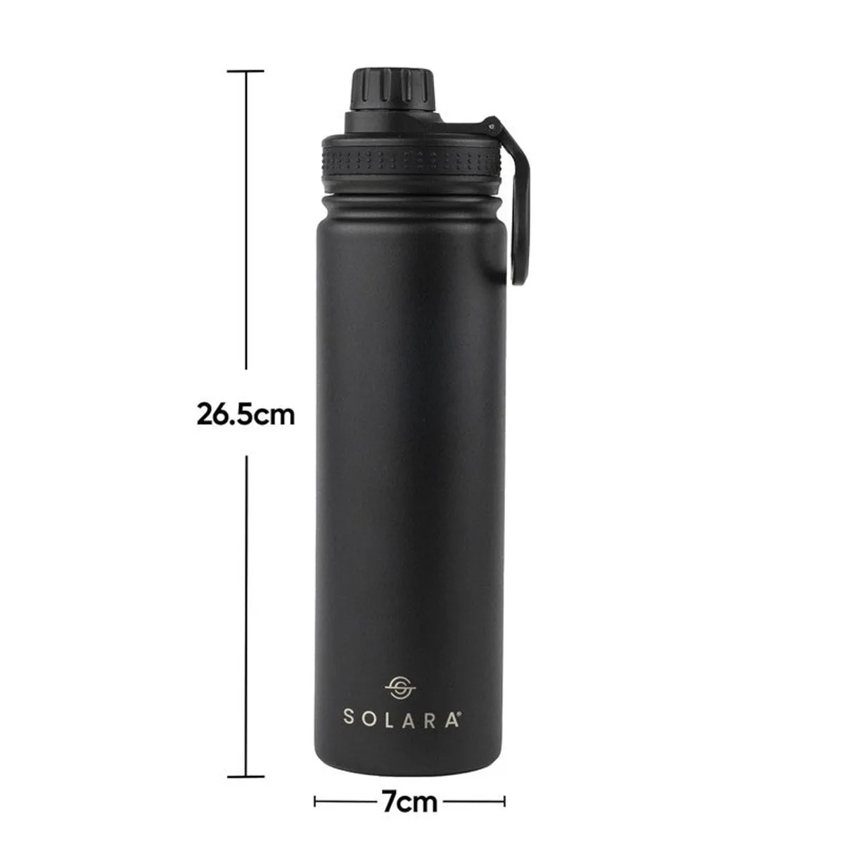 Black Solara bottle shown with height and width dimensions