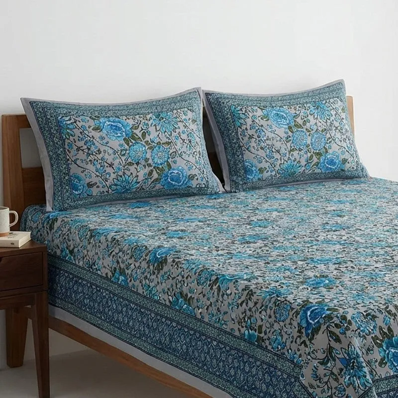 Alderidge Floral Printed Cotton Bedsheet (Blue) - 120 TC media 4