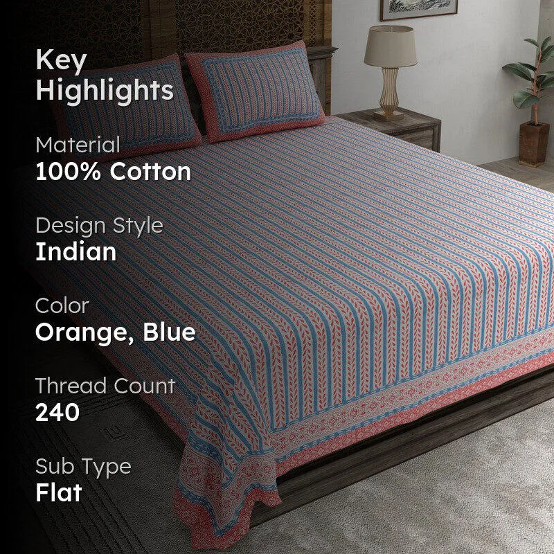 Formis Cotton Bedsheet (Orange,Blue) - 240 TC media 2