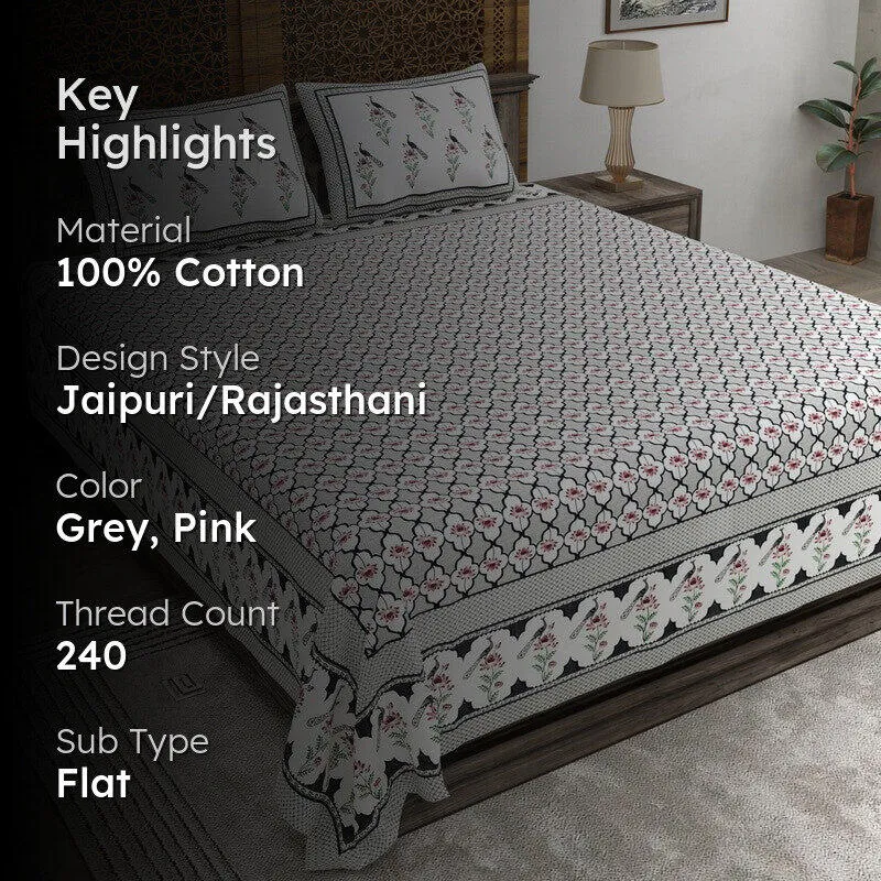 Patternza Cotton Bedsheet (Grey,Pink) - 240 TC media 2
