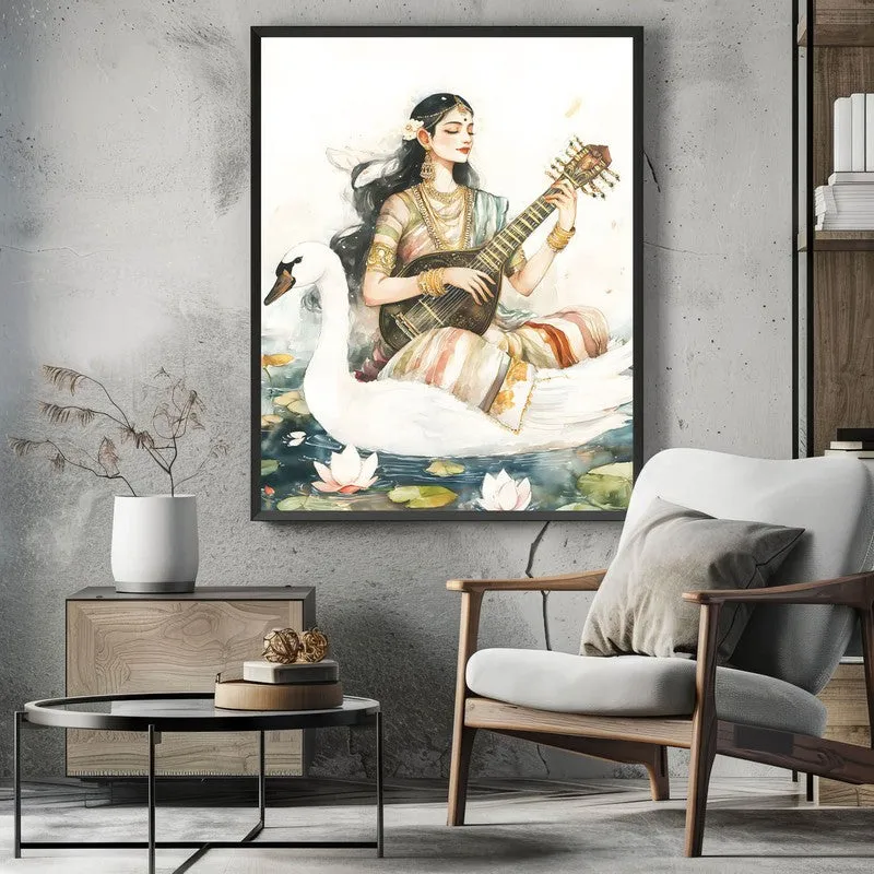 Hamsavahini Saraswati Spiritual Archival Paper Wall Painting With Frame - Black media 3