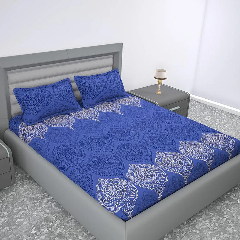 Folk Flair Ethnic Cotton Bedsheet (Blue) - 144 TC media 1