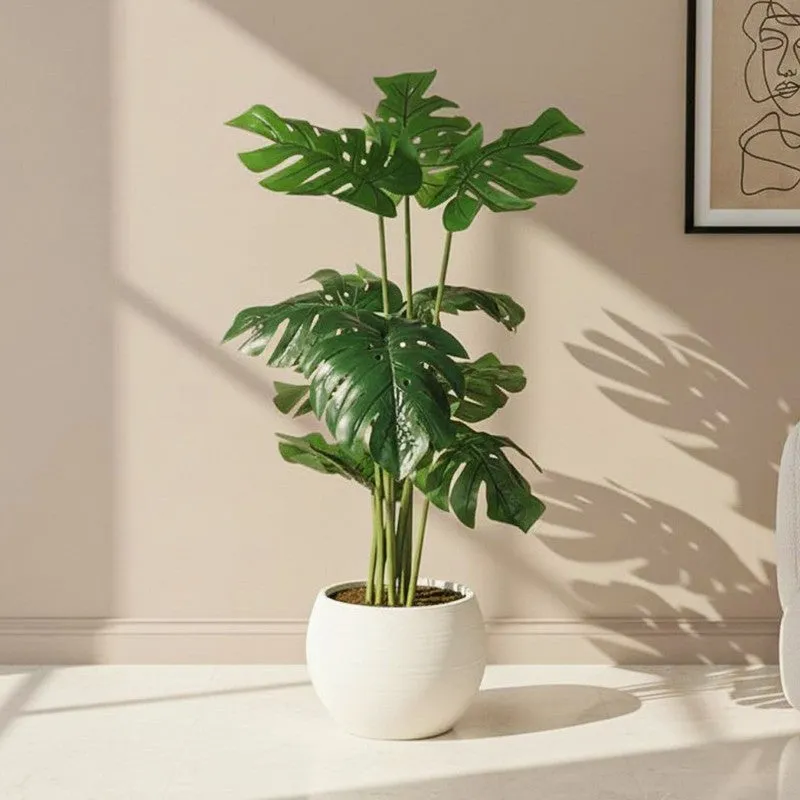 Faux Lush Swiss Cheese Monstera Plant With Black Plastic Pot - 4 Feet media 1