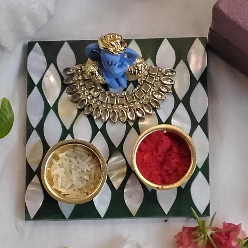 Ganpathi Festive Mother Of Pearl Pooja Thali Gift Box - Green media 3