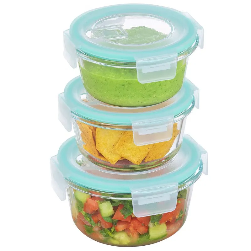 Stacked round glass containers with blue snap-lock lids filled with food