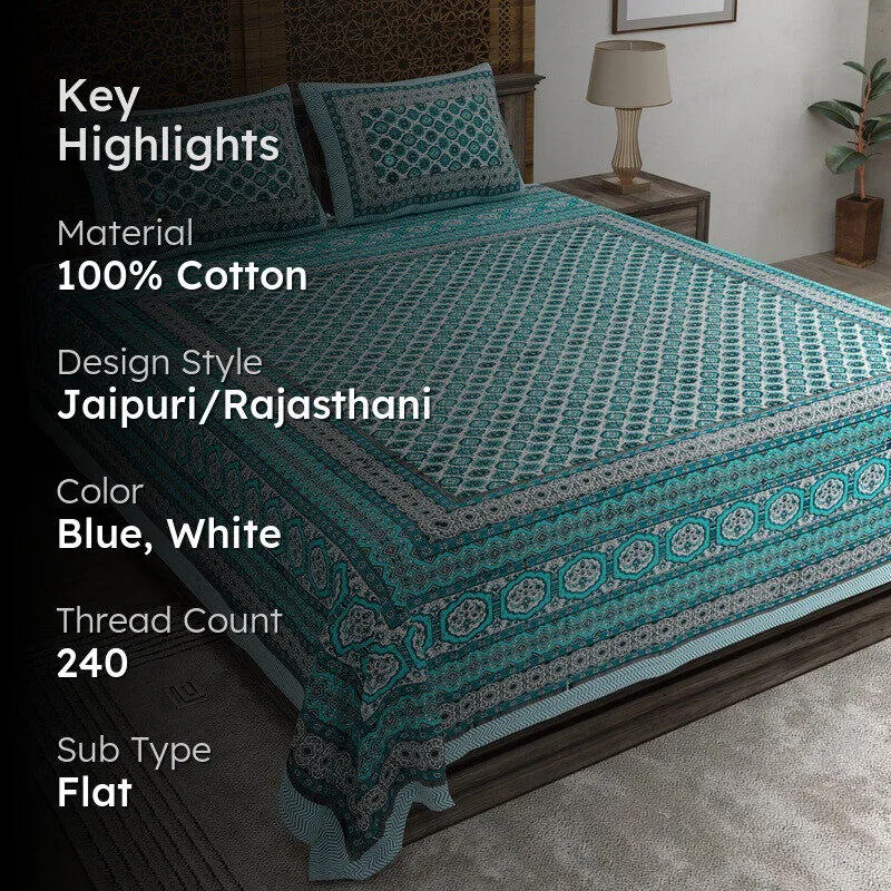 Styleo Cotton Bedsheet (Blue,White) - 240 TC media 2