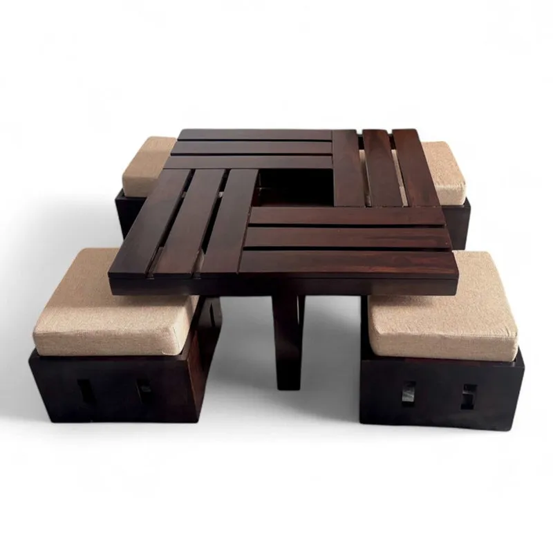 Flavon Sheesham Wooden Center Table with Stools and Cushions (Brown) - Nine Piece Set media 5