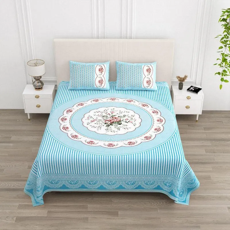 Magnus Floral Cotton Bedsheet (Blue) - 180 TC media 1