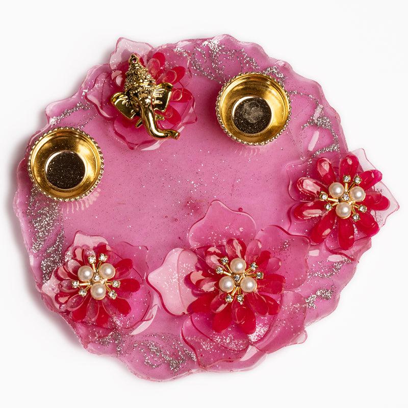 Pink Ganesha Floral Resin Pooja Thali media 3