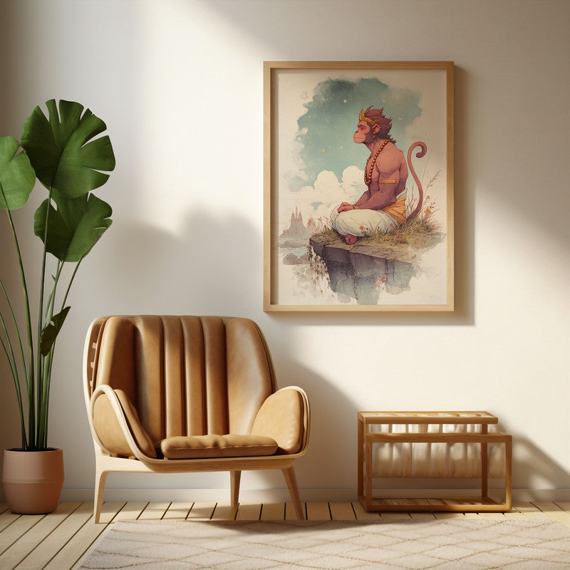 Divine Peace of Hanuman Ji Spiritual Archival Paper Wall Art - Natural Brown Frame