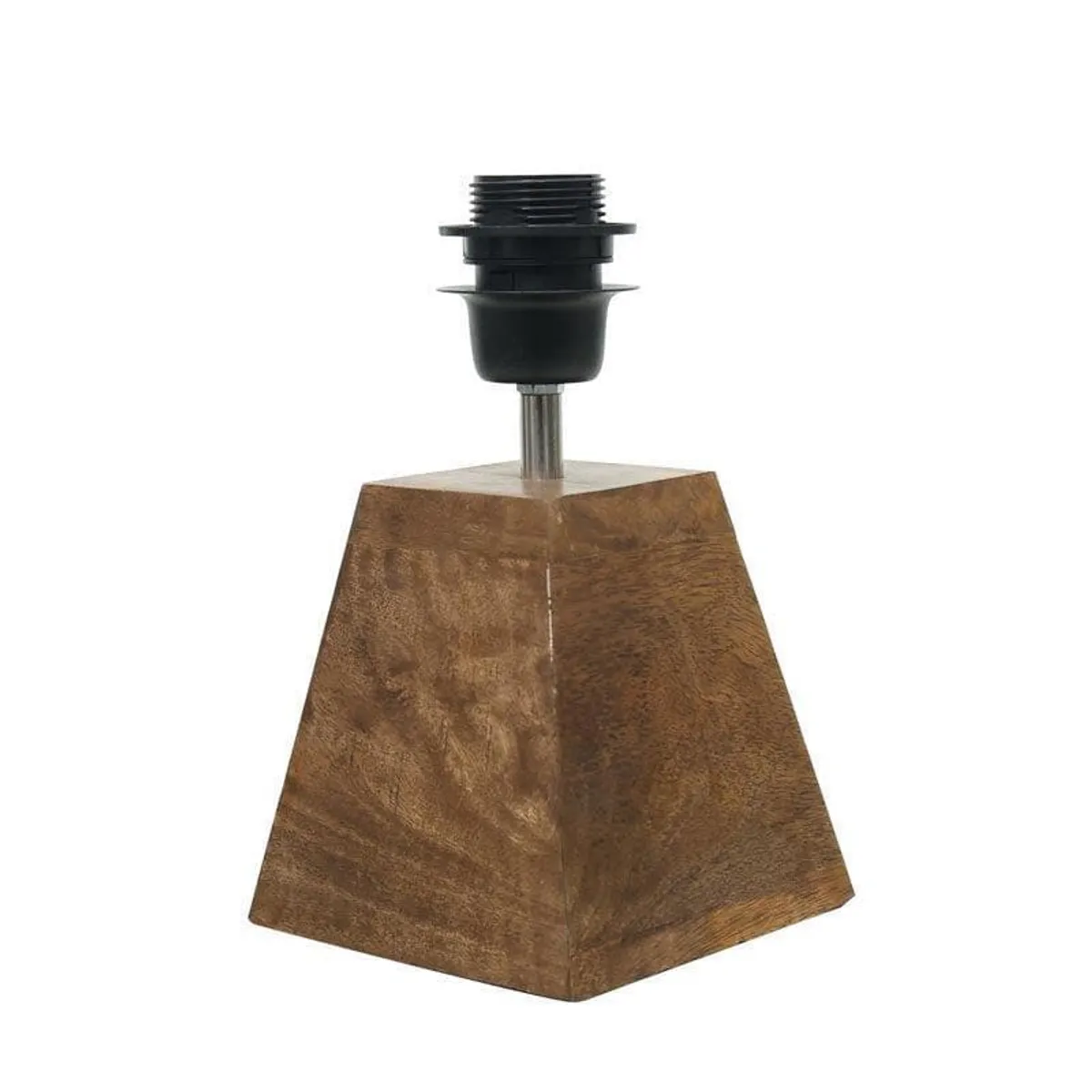 Brown tapered wooden lamp base with socket, shown without shade