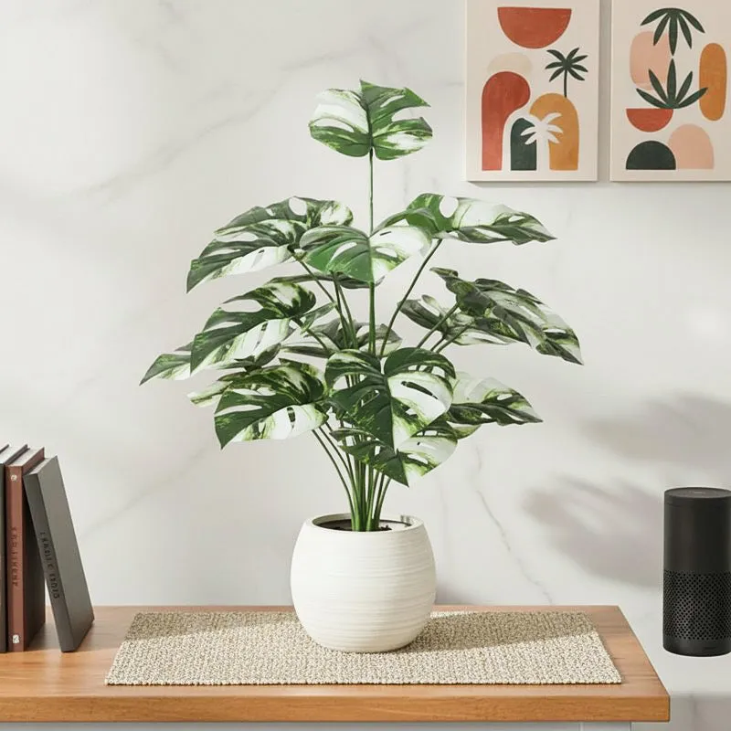 Faux Lush Monstrera Plant With Black Plastic Pot - 2.3 Feet media 1