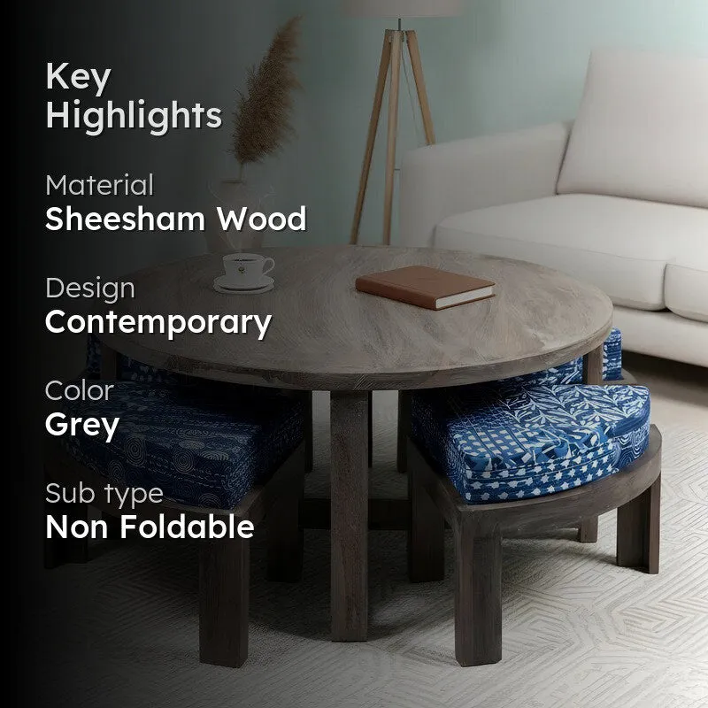Jervon Sheesham Wooden Center Table with Stools and Cushions (Grey,Blue) - Nine Piece Set media 2