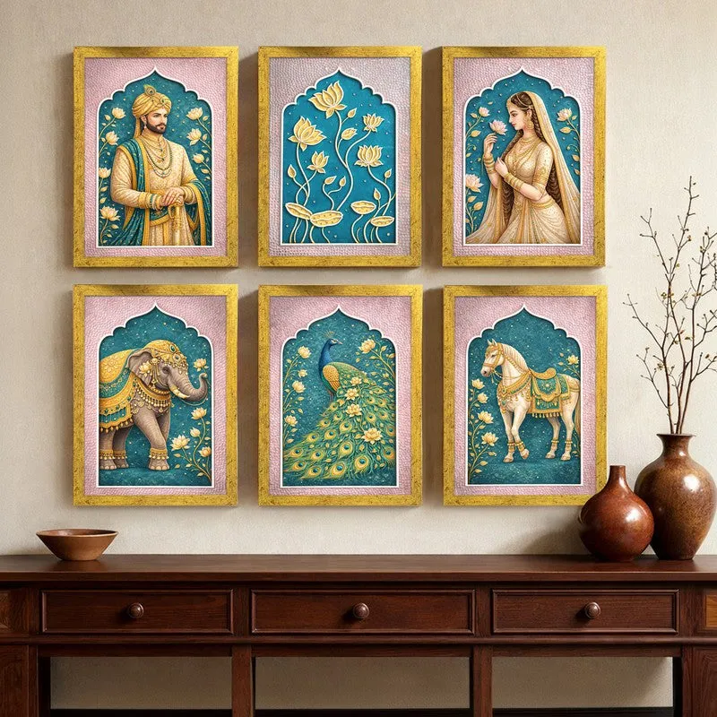 Vintage Valour Paper Wall Paintings With Frame - Set Of Six media 6