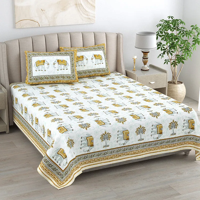 Palms & Tusks Cotton Bedsheet (Yellow) - 144 TC media 1