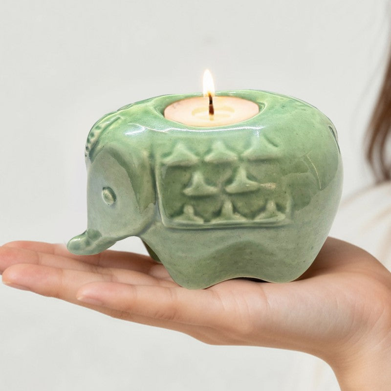 Ebony Elephant Ceramic Tea Light Candle Holders (Green) - Set Of Two media 5
