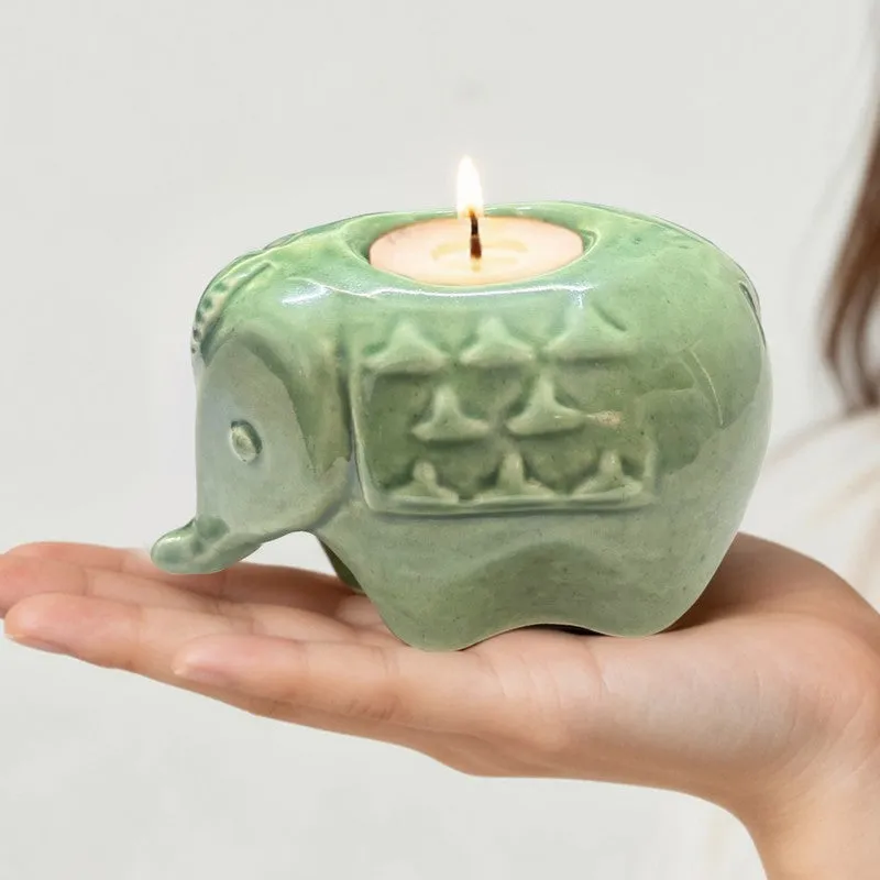 Ebony Elephant Ceramic Tea Light Candle Holders (Green) - Set Of Two media 5