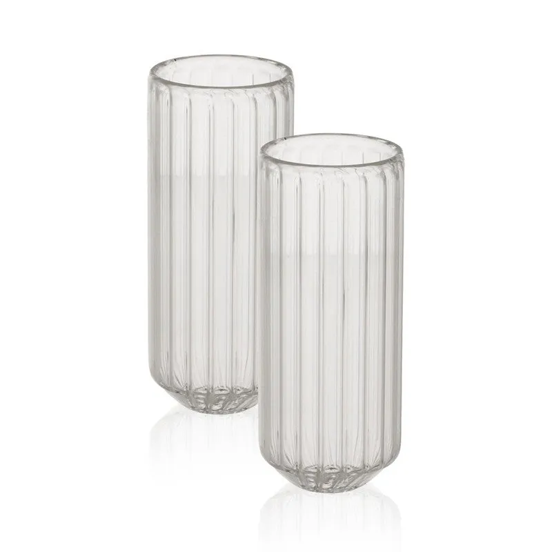 Set of two clear cylindrical glasses with vertical ripple texture