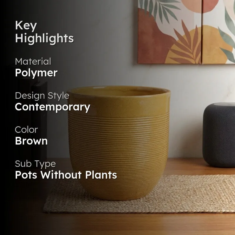 Brown planter styled indoors with key product details beside it.