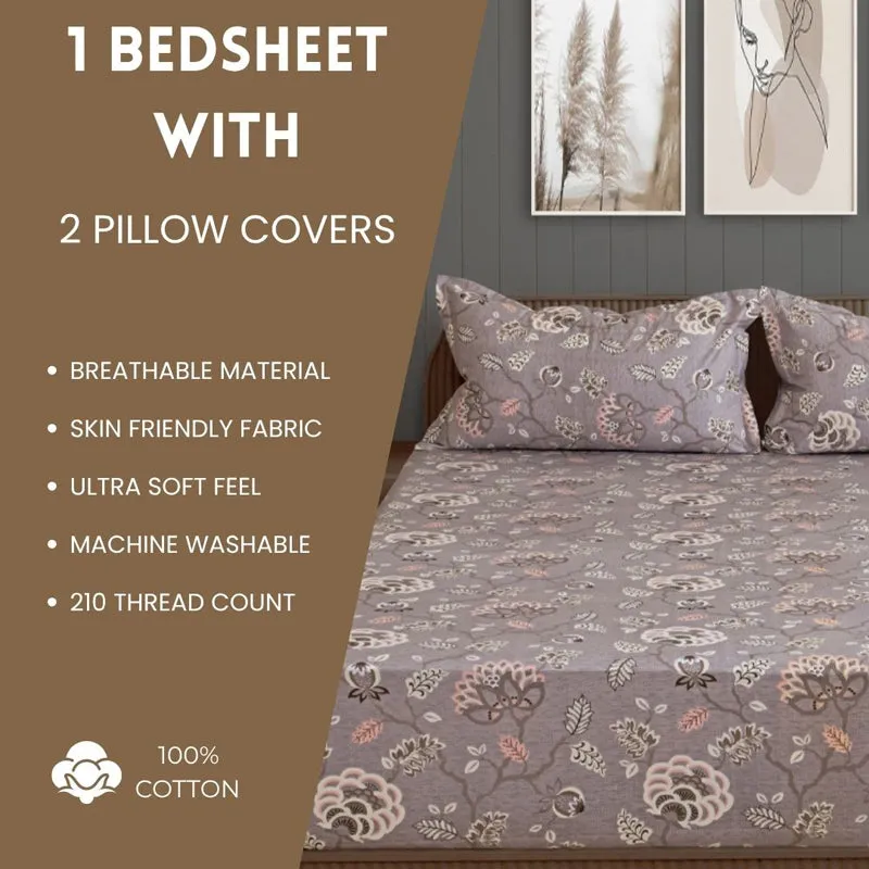 Swayam Light Brown Floral Cotton Bedsheet - 180 TC media 8