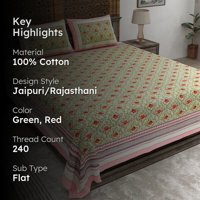 Shapeix Cotton Bedsheet (Green,Red) - 240 TC media 2