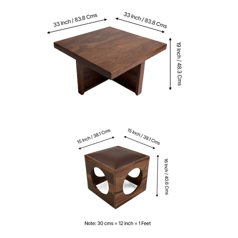 Lervon Sheesham Wooden Center Table with Stools (Brown) - Five Piece Set media 12