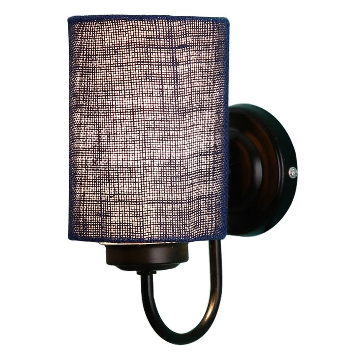 Front view of blue jute wall lamp with black wall mount on white background