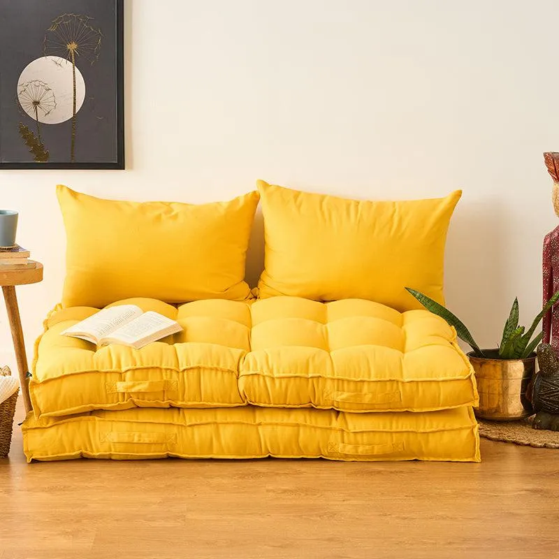 Plushport Solid Cotton Floor Cushion (Yellow) - Set Of Two media 1