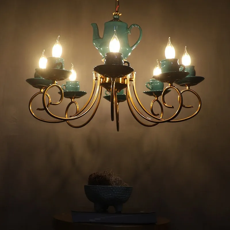 Artistic Teapot Iron Chandelier - Blue & Gold media 2