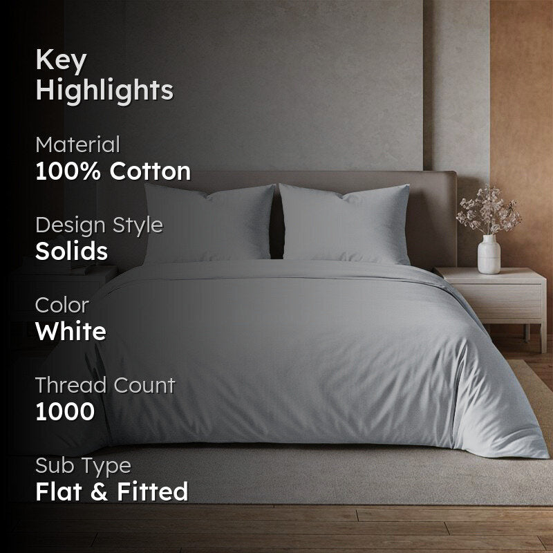 Zuma Solid Cotton Bedsheet (White) - 1000 TC media 2