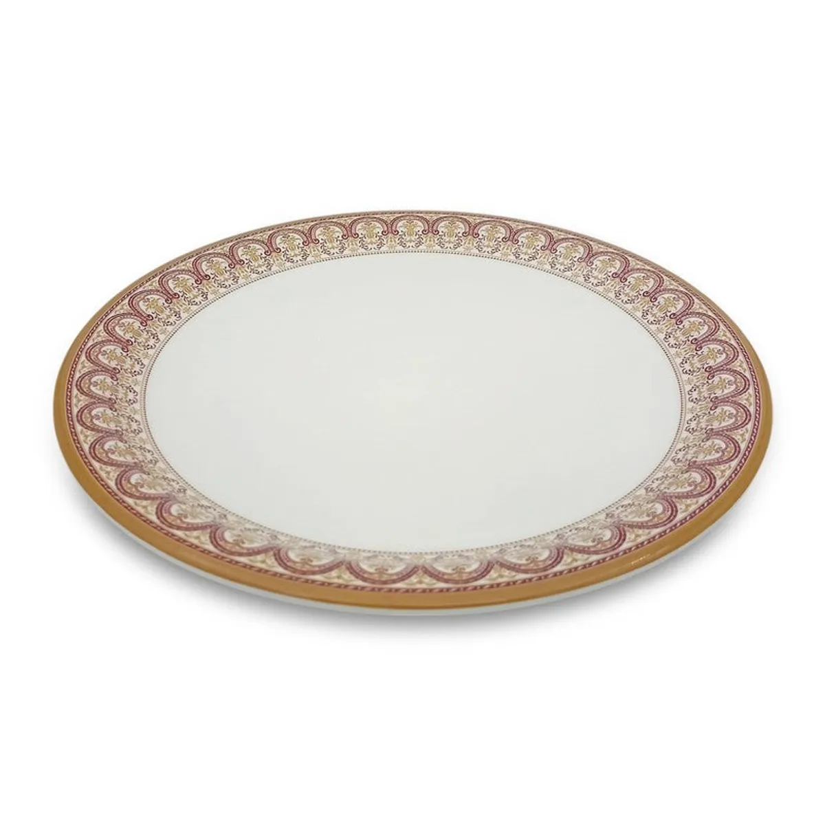 White quarter plate with an ornate patterned border shown at an angled view