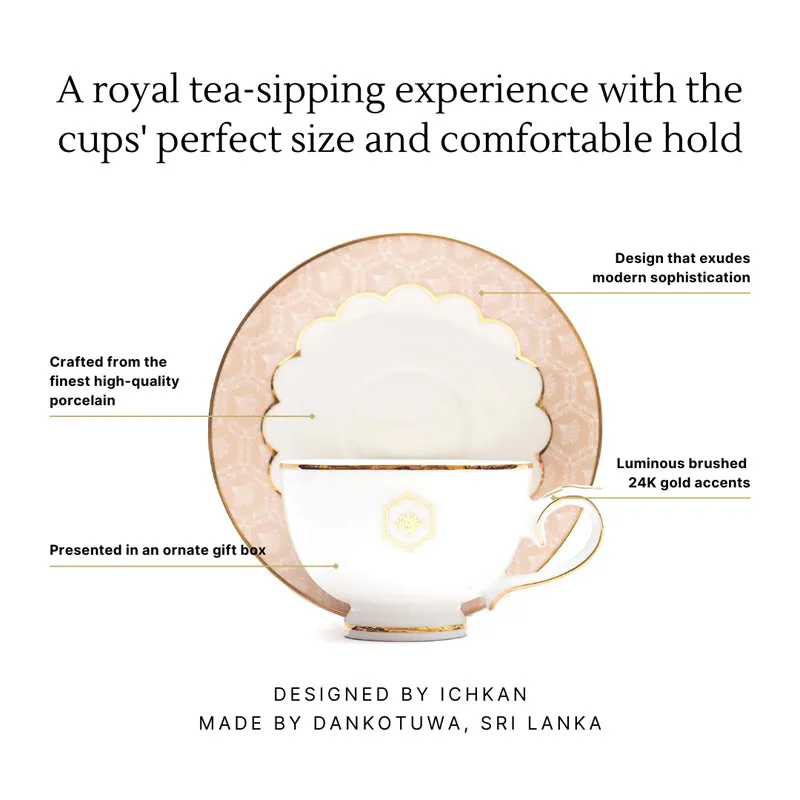 Gilded Legacy 24k Gold Brushed Porcelain Tea Cup & Saucer (Peach/ 300 mL) - Twelve Piece Set media 8