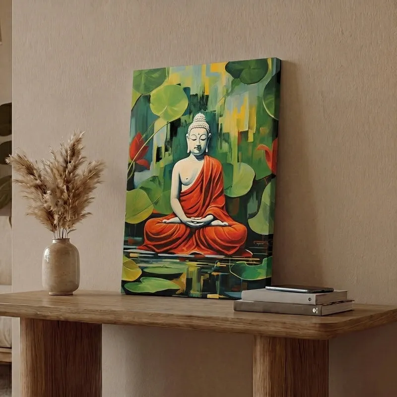 Buddha Bless Canvas Wall Painting - Green & Orange media 1