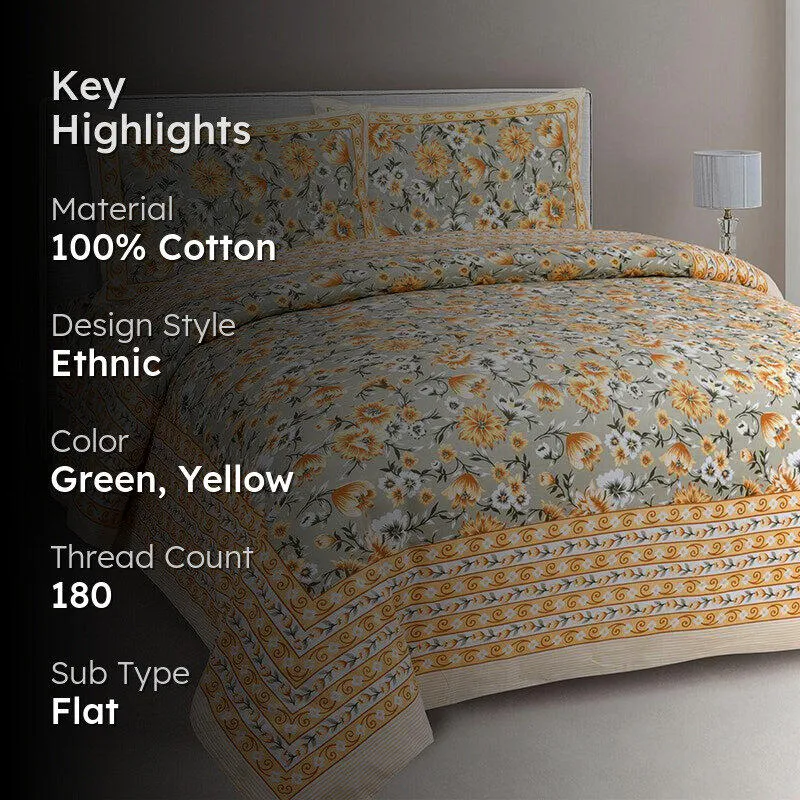 Orkide Floral Cotton Bedsheet (Green,Yellow) - 180 TC media 2