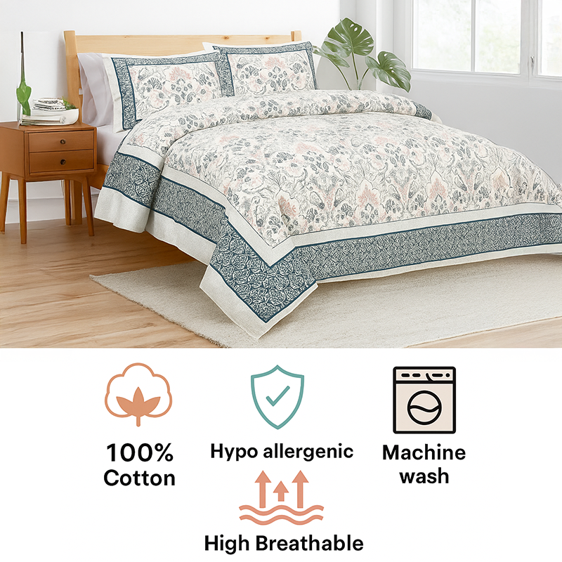 Mughal Jaali Printed Cotton Bedsheet (Blue & Beige) - 120 TC media 6