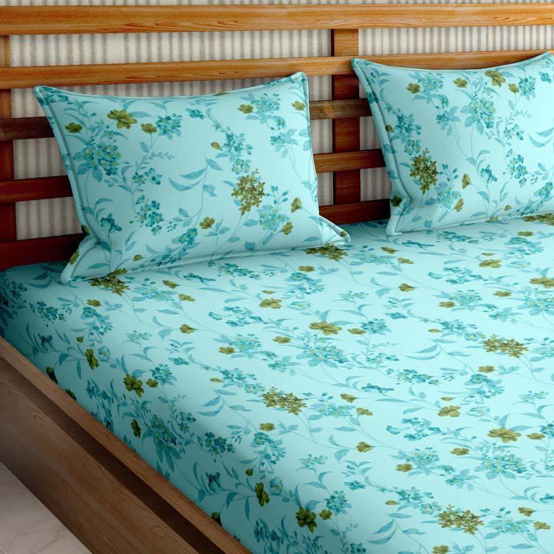 Floral Fun Cotton Bedsheet (Cyan) - 180 TC media 3