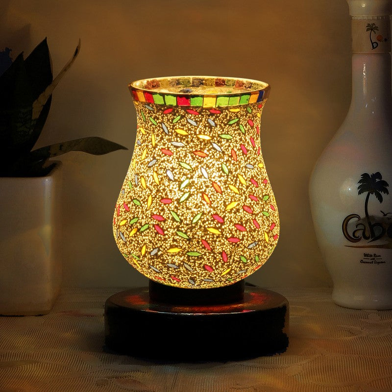 Crystelle Mosaic Glass Table Lamp With Wooden Base - Multicolor
