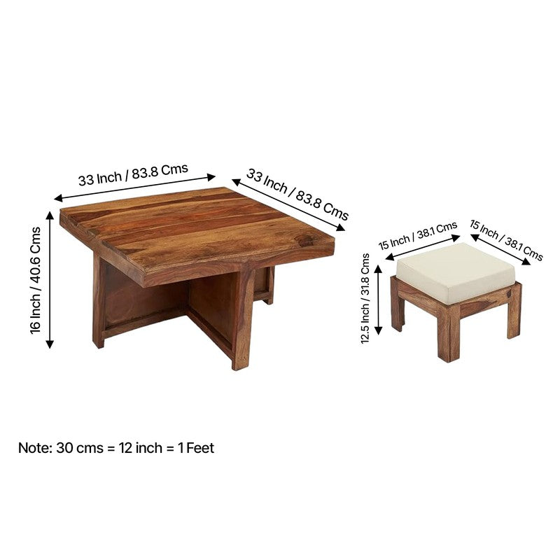 Evrino Sheesham Wooden Center Table with Stools and Cushions (Brown,White) - Nine Piece Set media 13