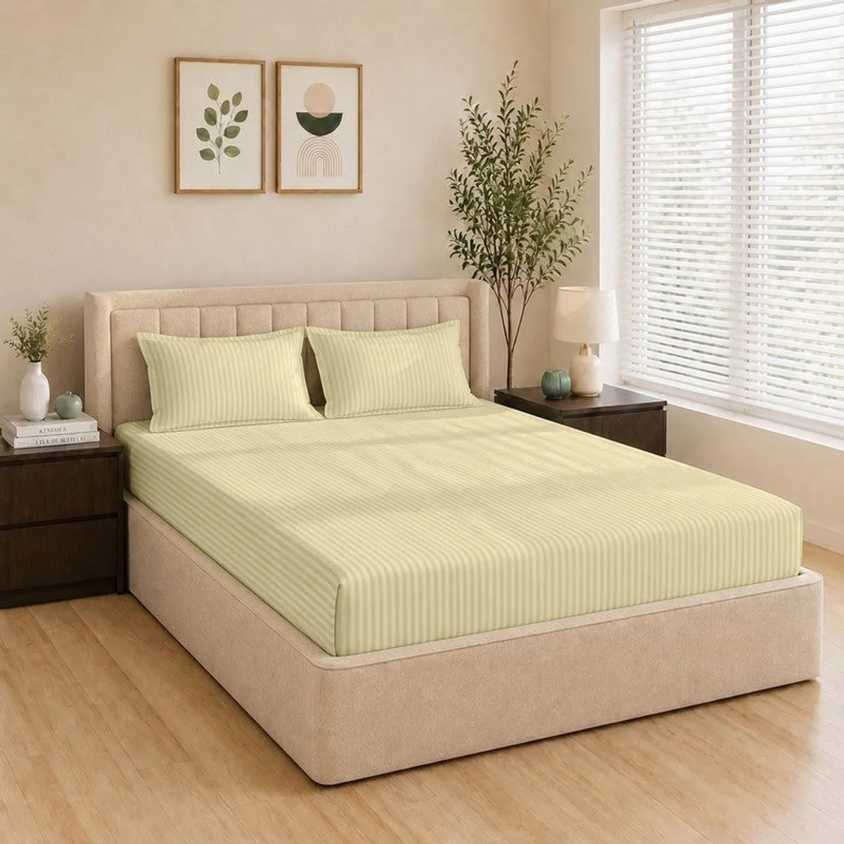 Beige striped fitted bedsheet on an upholstered bed with two matching pillow covers.