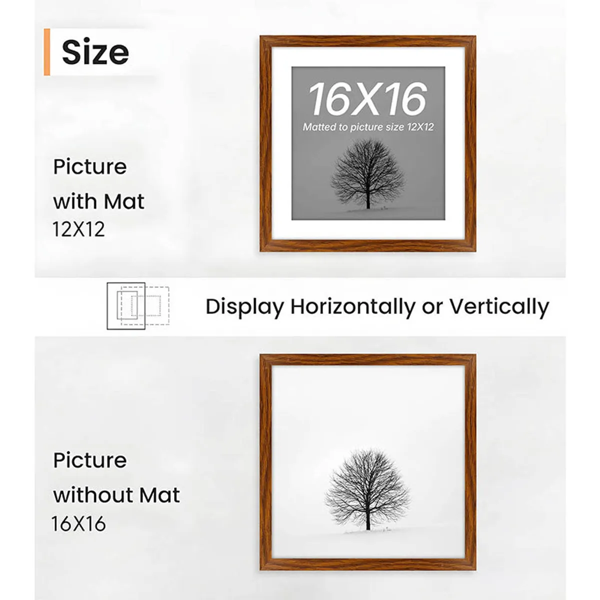 Brown wooden frame shown with and without a white mat in horizontal and vertical layouts.