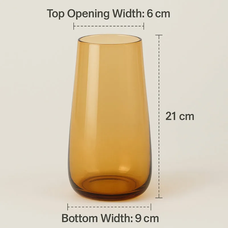 Brown glass vase shown alone against a light background with dimension markings