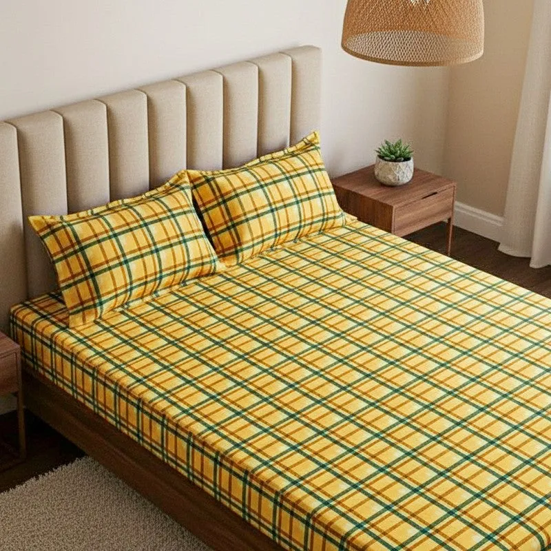 Sanja Checkered Cotton Bedsheet (Yellow) - 144 TC media 3
