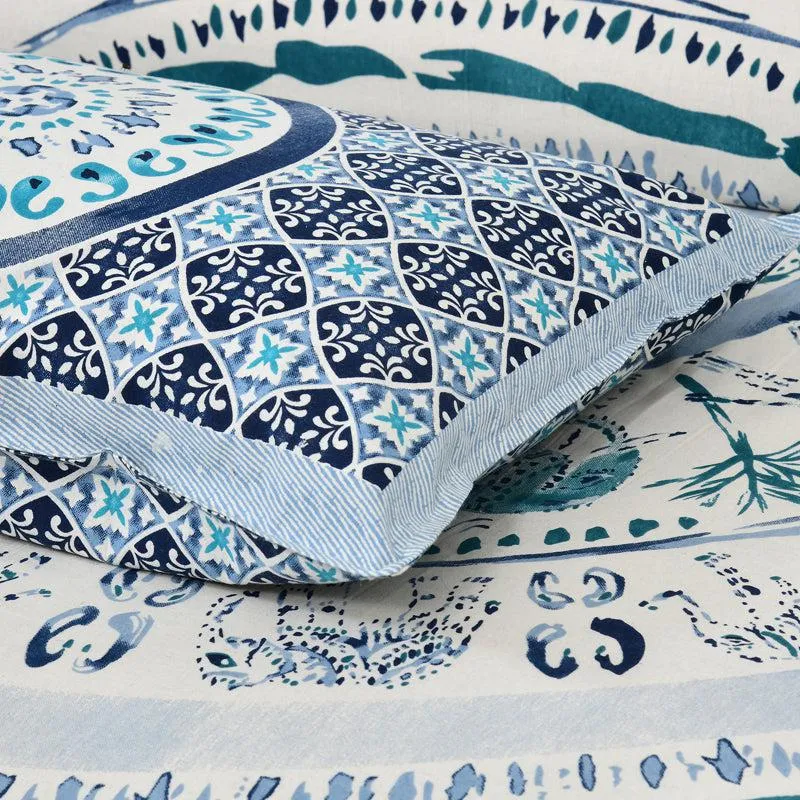Mekhala Ethnic Cotton Flat Bedsheet (White & Blue) - 160 TC media 10