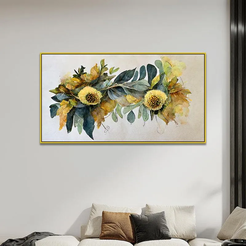 Ochre Autumn Floral Canvas Wall Painting With Frame - Gold media 1