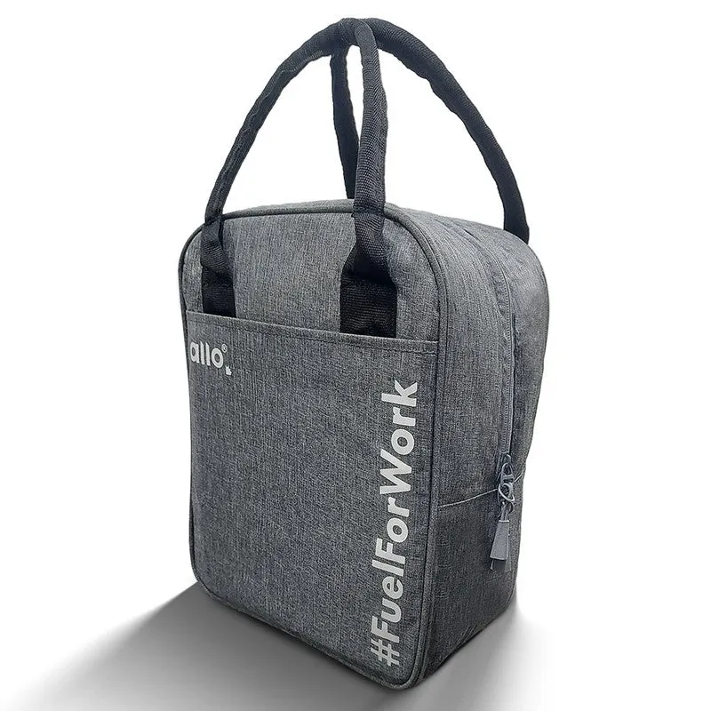 Grey lunch bag with black handles and a front pocket on a white background