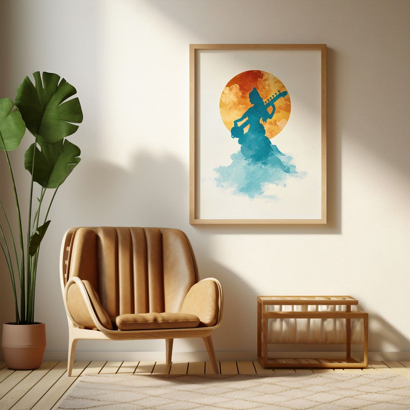 Sri Saraswati Devi Graceful Archival Paper Wall Art - Natural Brown Frame
