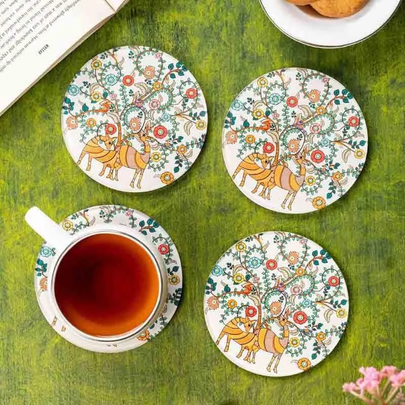 Madhubani Art Inspired Glass Round Coaster - Set Of Four media 1