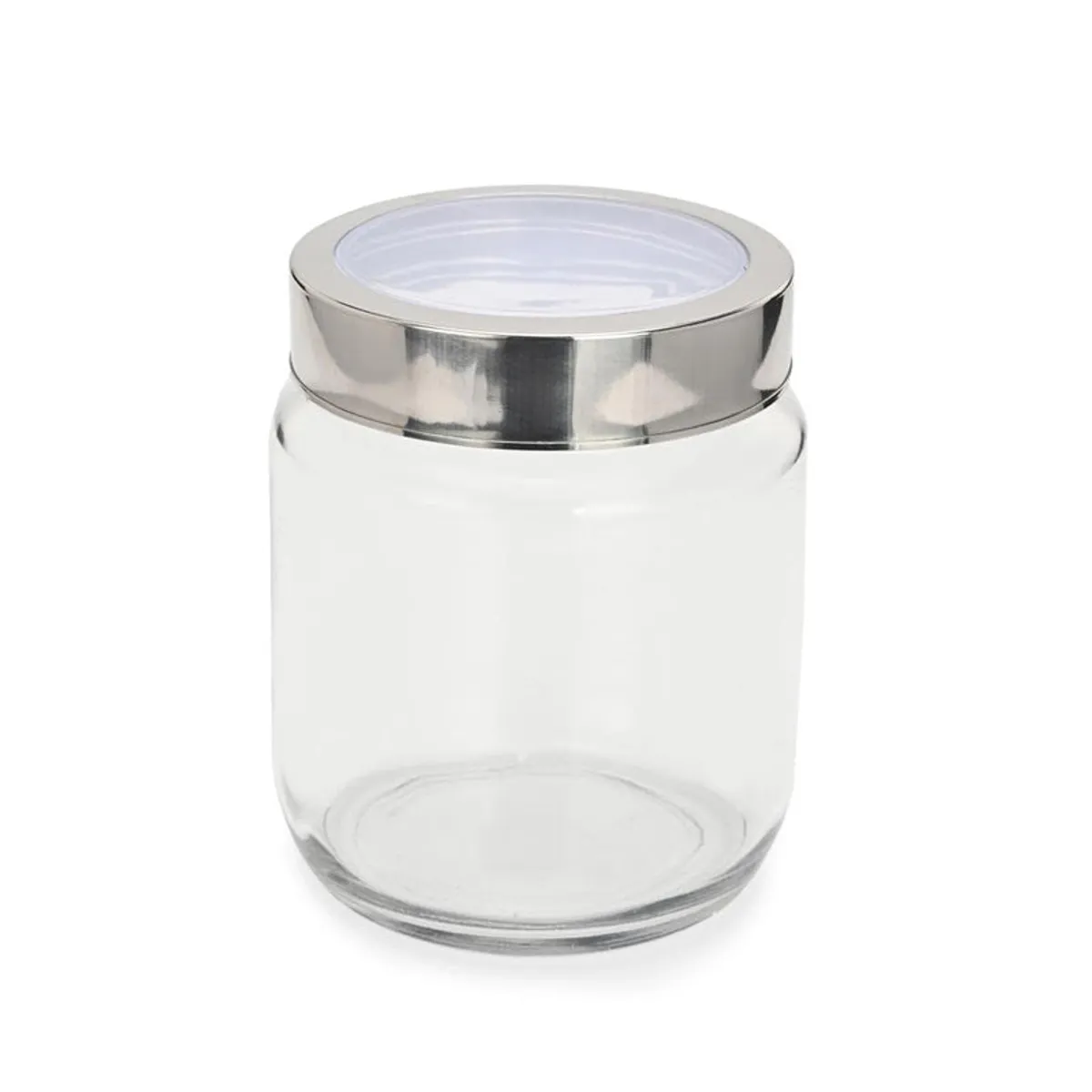 Empty cylindrical transparent glass jar with a glossy metallic lid